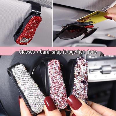 Multifunctional Cute Diamond-Inlaid Car Visor Sunglasses and Ticket Holder