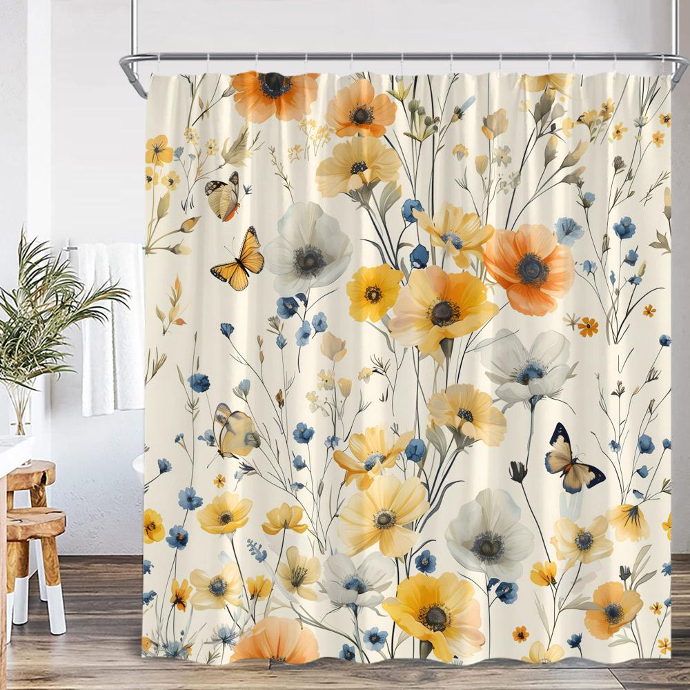 Watercolor Floral Shower Curtain Colorful Flower Blossom Butterfly Plants Bathroom Decoration Modern Bathtub Curtain with HooksW