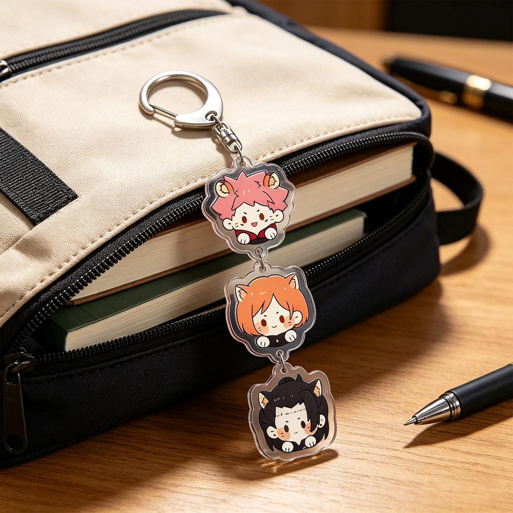 Acrylic Keychain Triple Pendant with Character Faces Design Durable Metal Ring and Swivel Clasp for Backpack Purse or Keys Accessory