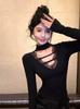 Sexy Black V-neck Long-sleeved T-shirt Women's Autumn and Winter Spice Girls Lace Hollow Bottoming Shirt Design Sense Slim and Thin Top