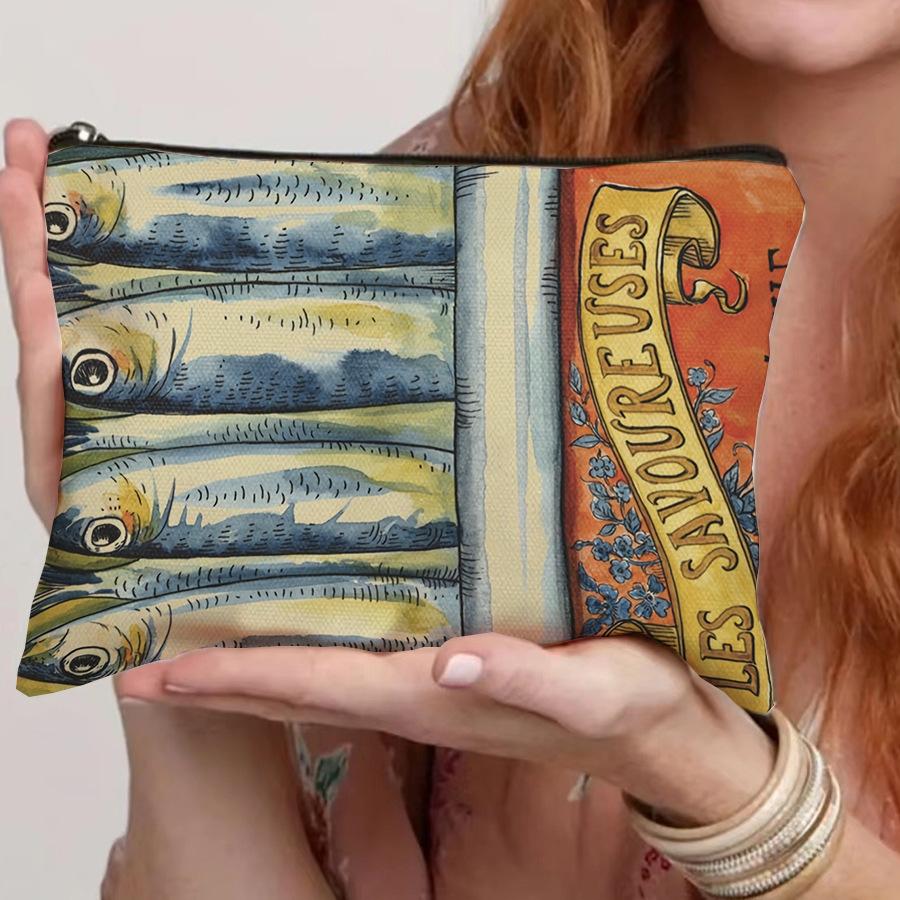 Vintage Sardinenmuster Kosmetiktasche Reise-Make-up-Organizer für Toilettenartikel & Pinsel Tragbare Reißverschluss-Make-up-Aufbewahrungstaschen