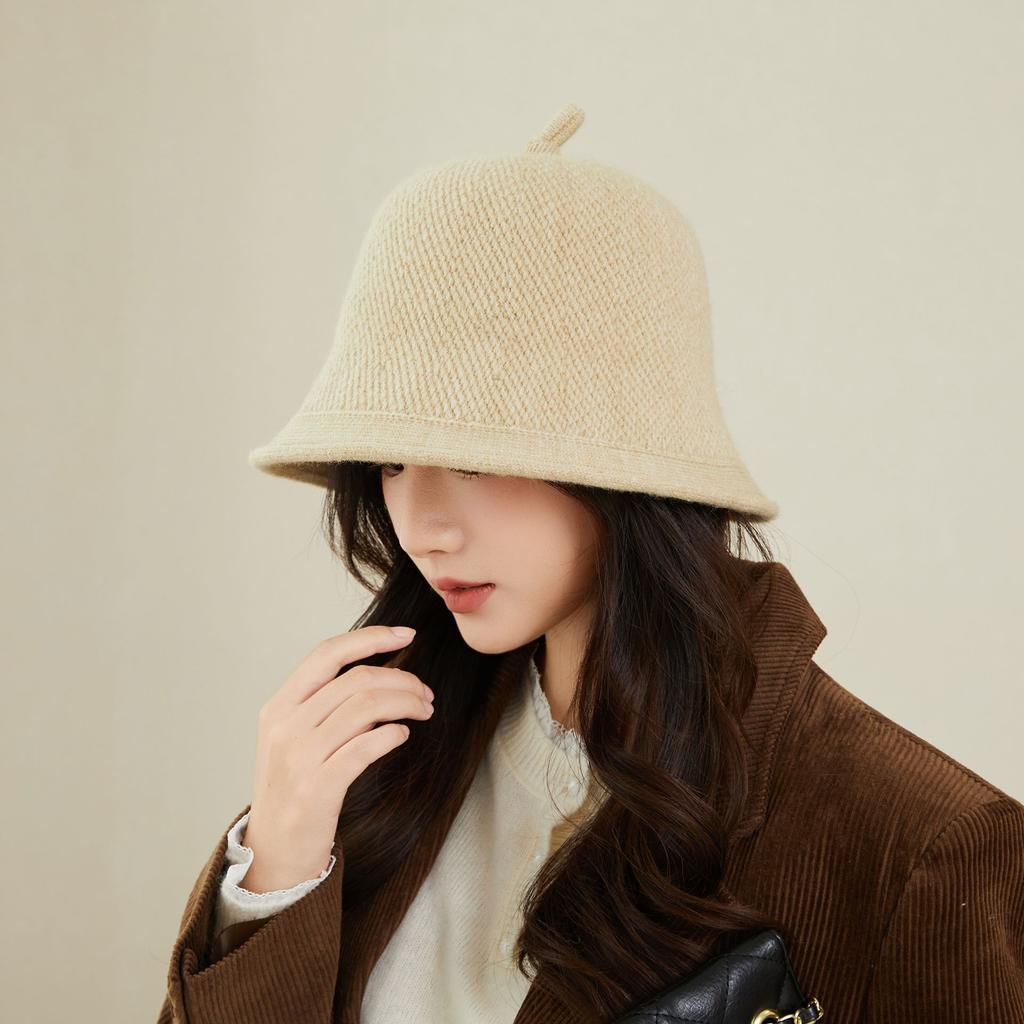 Fashion Bucket Hat Women'S Spring And Autumn Winter Solid Color Knitted Wool Bucket Hat Cover Face Tide Japanese