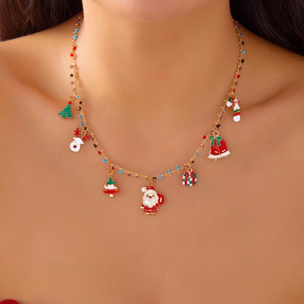 Christmas Snowflake Gingerbread Tree Pendant Necklace Snowman Reindeer Bell Soft Clay Crystal Beads Fringe Choker For Women Men