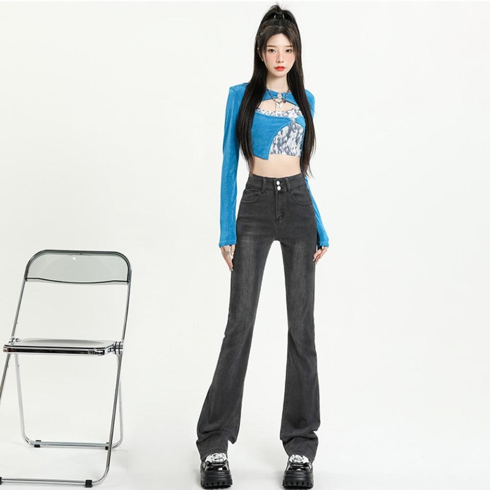 Versatile 2025 autumn and winter new high-waisted micro-flared jeans women's thin elastic American high-street horseshoe pants