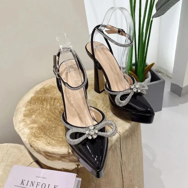 Fashion Brand Love Rhinestone/Flower Strap Sandals Model Show Bow Tie High Heels Thick Heel Waterproof Platform Size 35-43 Women's Shoes
