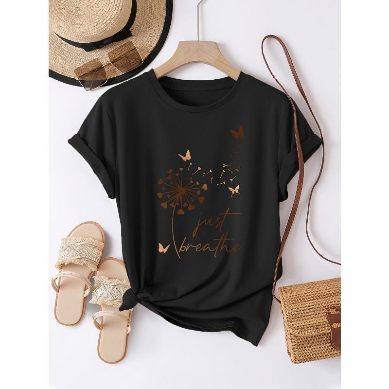 

Women Round Neck Short Sleeve Sports T-Shirt Dandelion Butterfly Print Casual Basic Spring Summer Ladies Fashion Top 4XL чорний