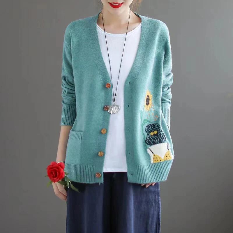 Women S Vintage V Neck Long Sleeve Knit Cardigan Loose Fit Thin Sweater Coat