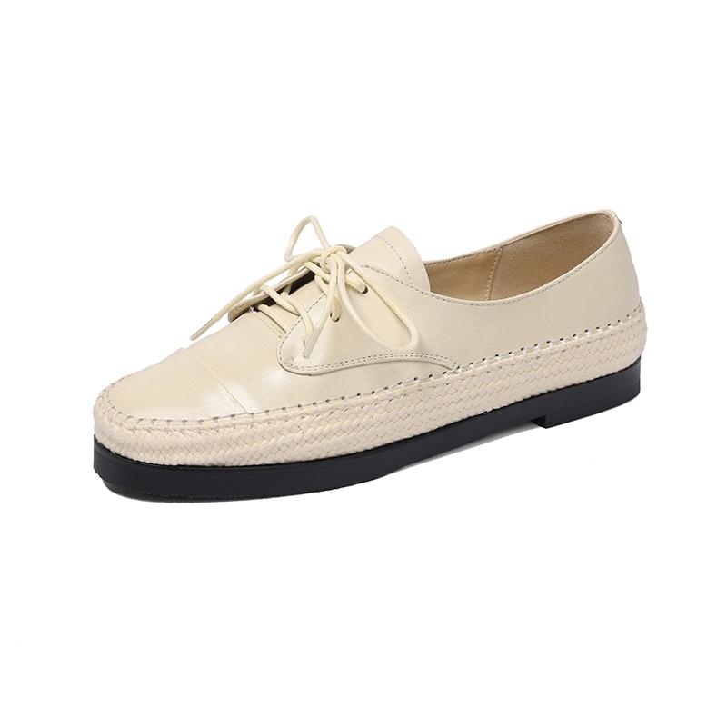 Fashion Women's new leather cowhide lace up woven fabric round toe low heel comfortable plus size single shoe casual shoes