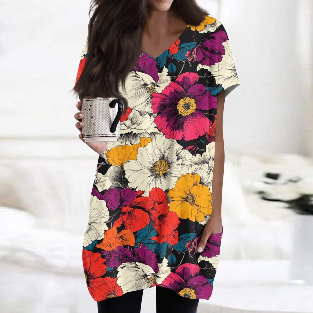 Women's Retro Flower And Leaf Print V-Neck Midi Pocket Short Sleeve Top