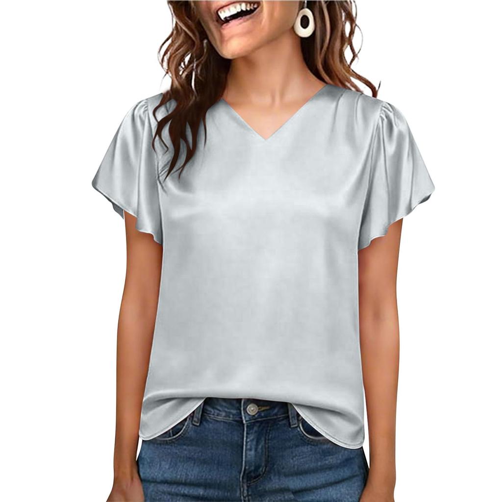 Modna damska koszula top z dekoltem V w kolorze, plisowana, luźna, z falbankowym brzegiem, z krótkim rękawem