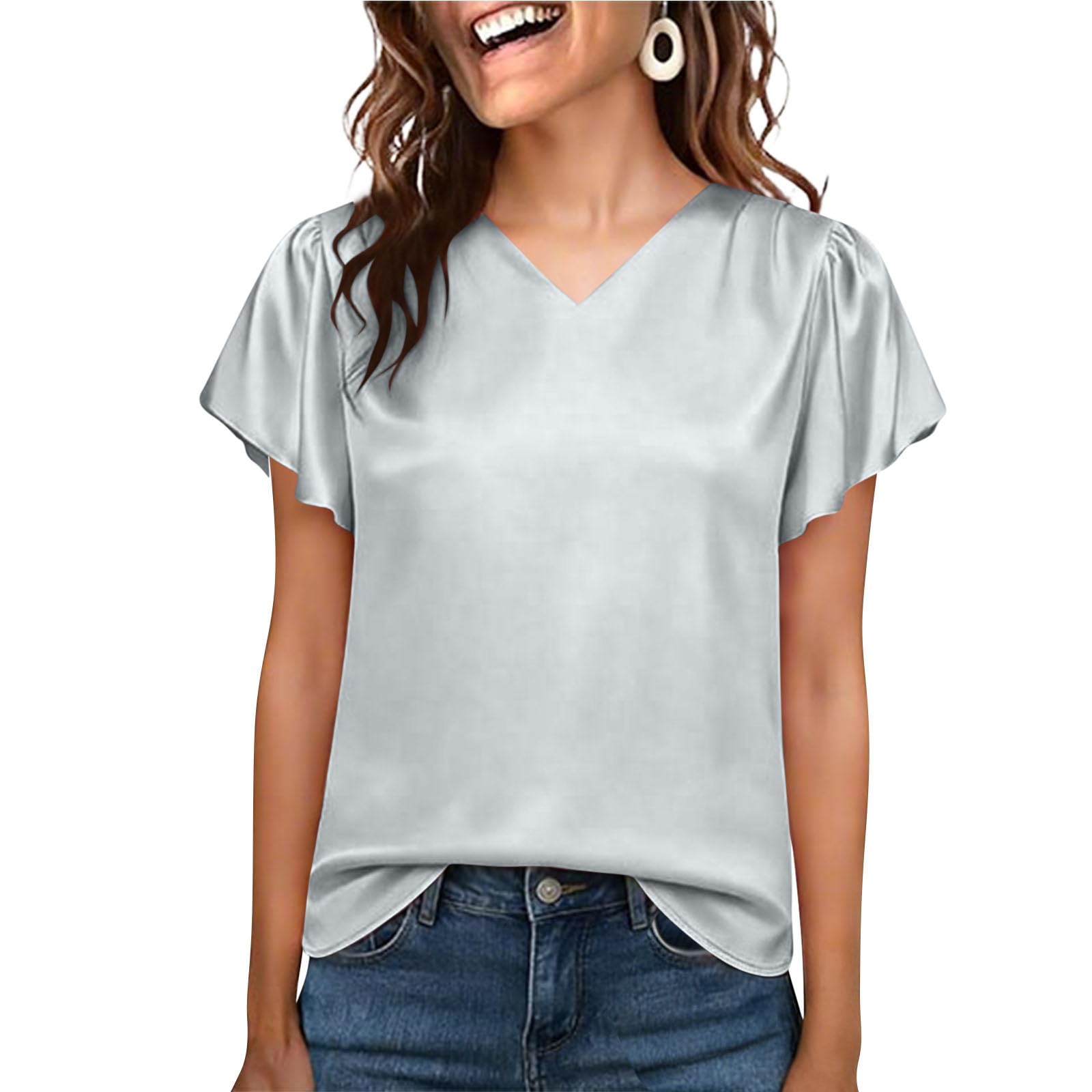 Women s Fashionable Color V Neck Pleated Loose Ruffle Edge Short Sleeved Shirt Top M