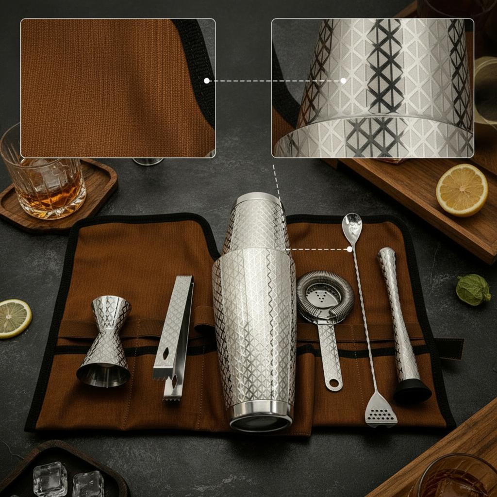 7 Pieces Bar Tool Set with Roll-up Pouch Professional Roll-up Bartender Bag Bartending Kit Organized Barware Compact