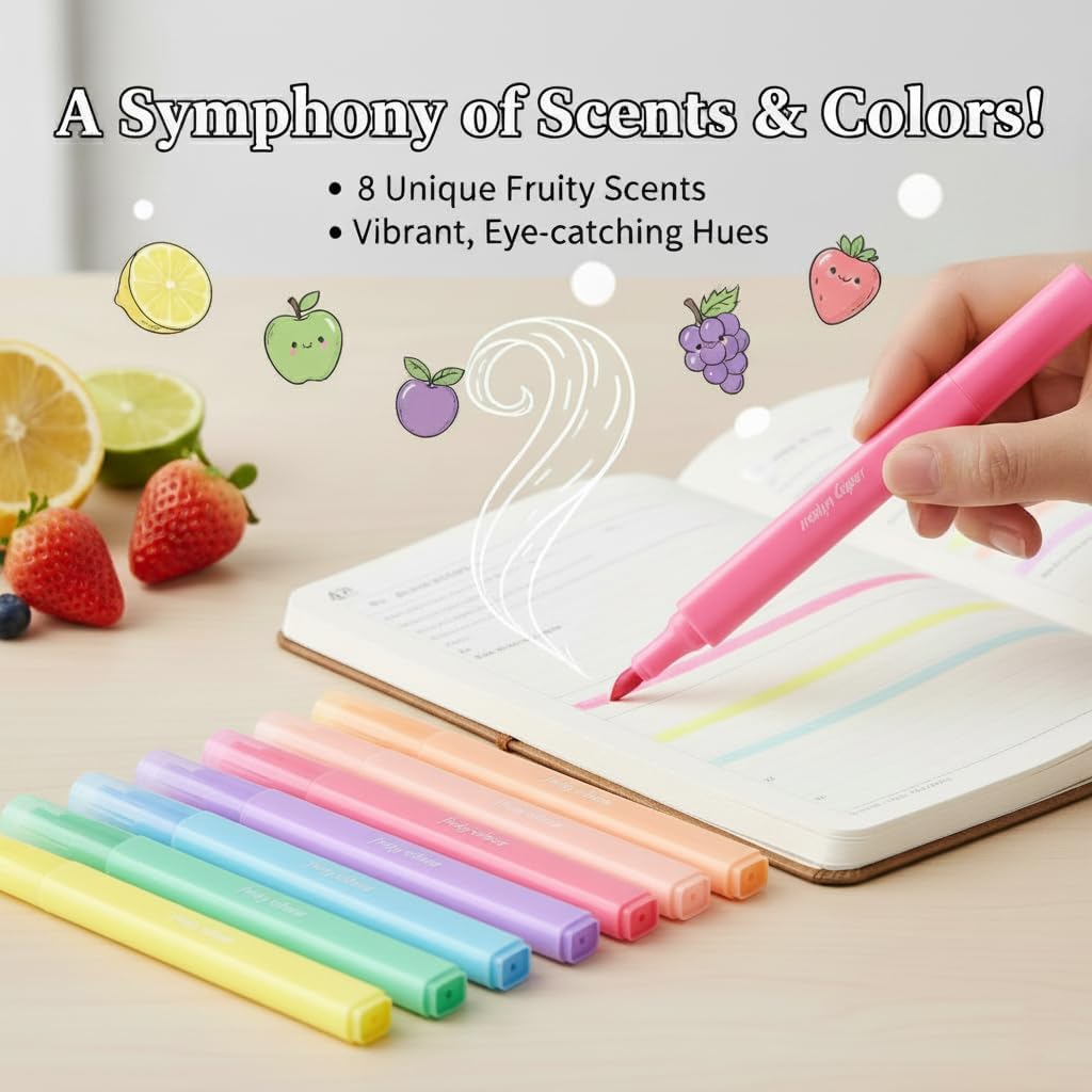 Fruity Scented Highlighters Set of 8, Pastel Chisel Tip Markers for Journaling, Note Taking, School & Office Supplies (8 Pcs)
