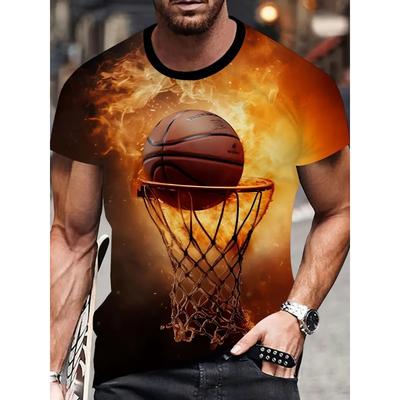 Heren T-shirt met Maat Plus, Basketbalpatroon, 3D-print, Ronde Hals, Korte Mouwen, Zomermode, Casual, Comfortabel, Veelzijdig Top