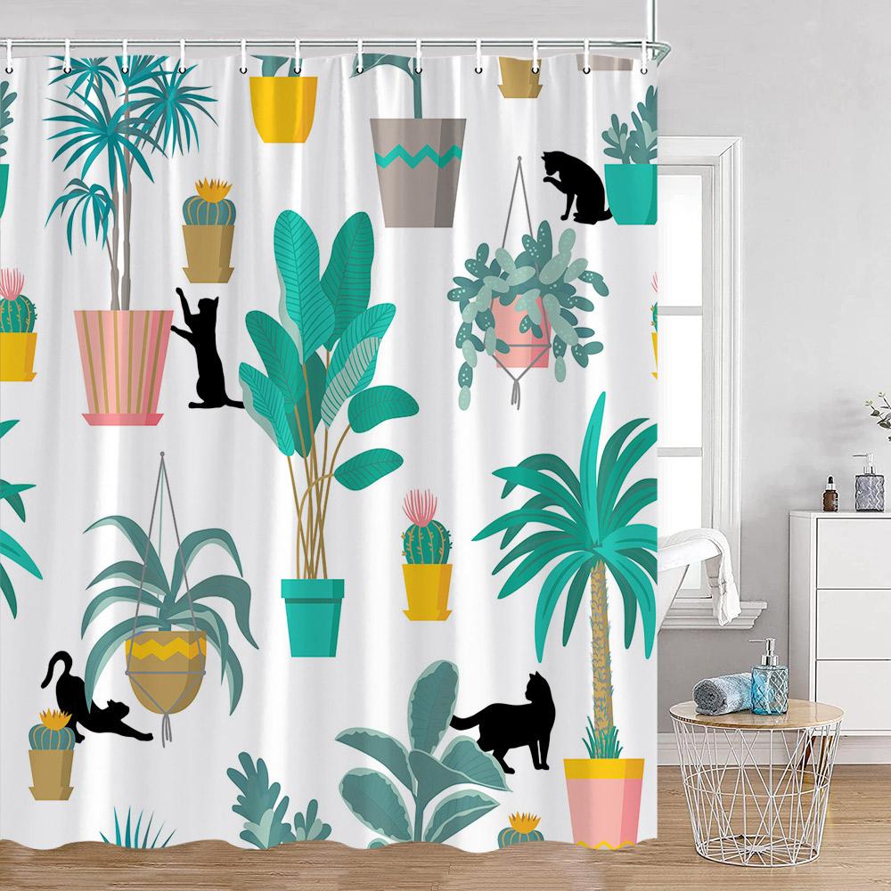 Grüne Topfpflanzen Duschvorhänge Cartoon Katzen Hängende Tropische Blätter Dekorationen Für Bad Polyestergewebe Badezimmervorhang