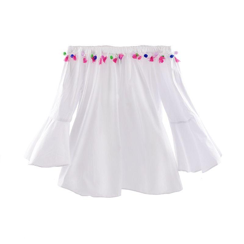 

off-Shoulder Foreign Trade Clearance Tassel Bell Sleeve Loose Shirt White S