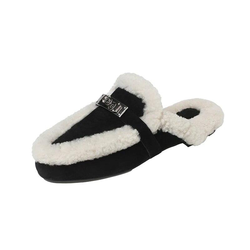 

Meotina Жіночі мюлі з натуральної шкіри з круглим носом, вовняні туфлі на плоскій підошві, металеве оздоблення змішаних кольорів, дитяче замшеве жіноче модне взуття зима 40 39 чорний