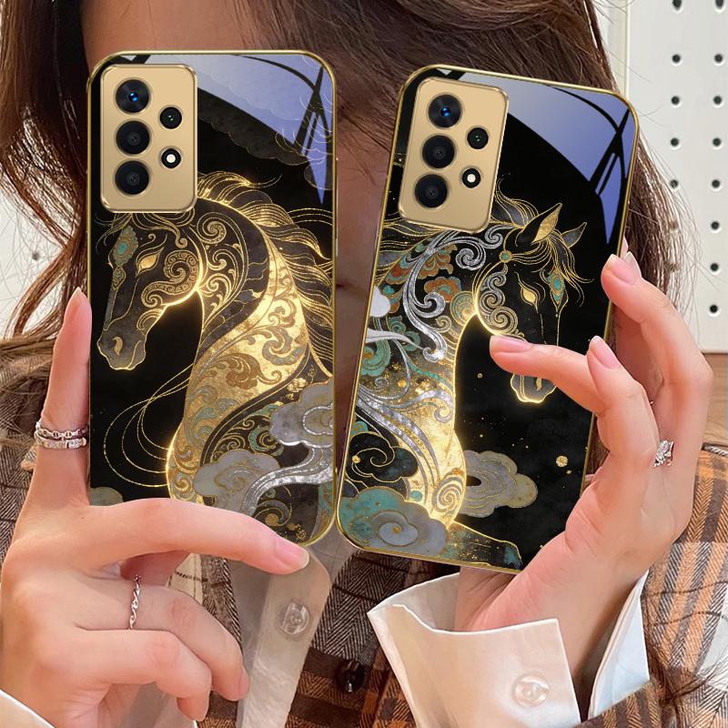 Ruishou Golden Steed For Samsung A73 A72 A71 A42 A56 A55 A54 A53 A52s A52 A51 A36 A35 A34 A33 A32 A16 14 Golden glass phone case