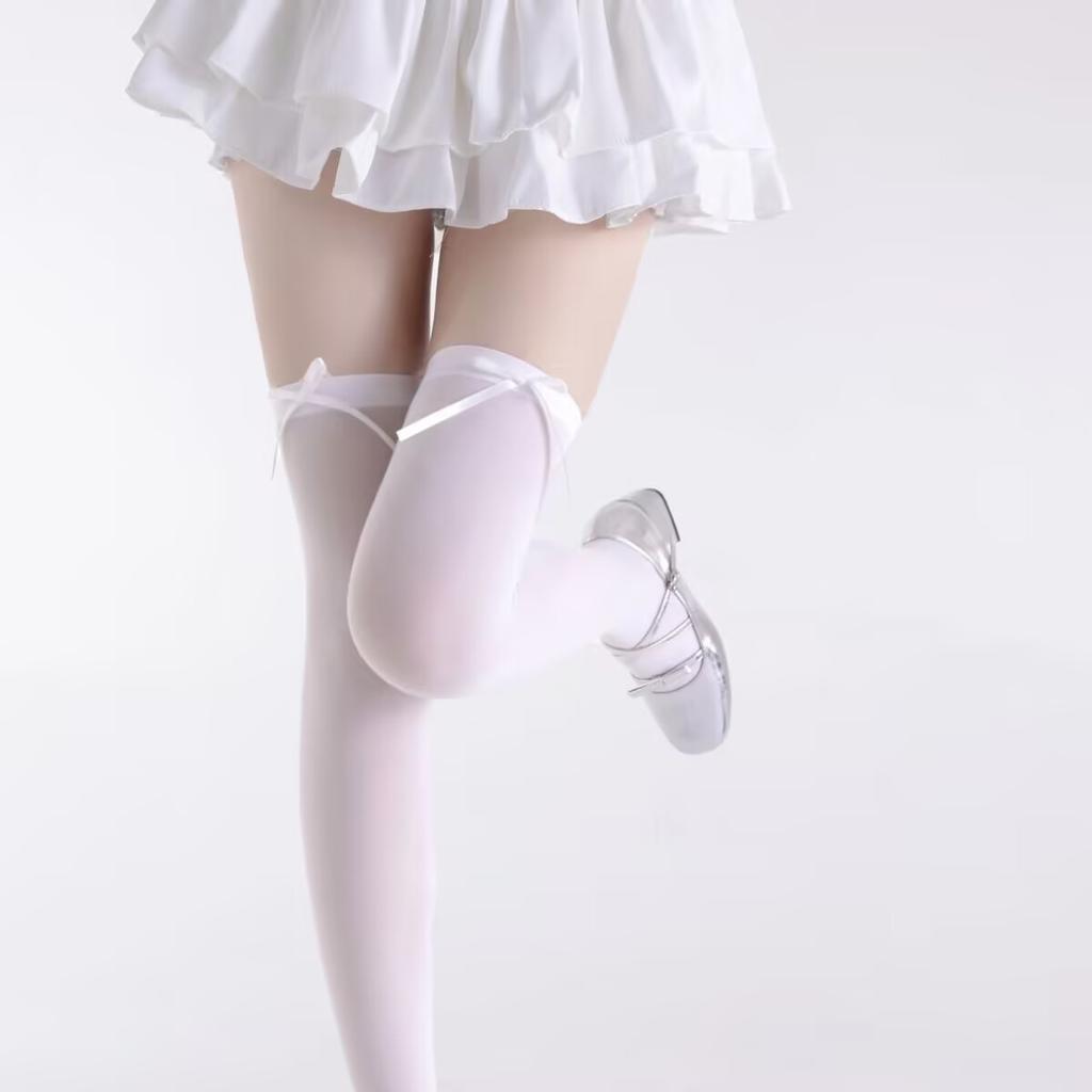 Smoky Gray Over Knee Socks for Women Spring Summer Thin White Sheer Silk Stockings Sweet Bow High Thigh Long Black Stockings