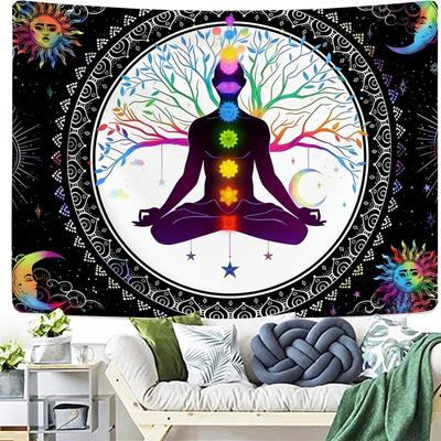 Sonne und Mond Sieben Chakra Yoga Meditation Wandbehang - Bunter Lebensbaum Mandala Indischer Hippie Chakra Wandteppich für Studio