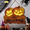 Light Up the Wooden Halloween Sign with Two Jack-o'-lantern Pumpkin Lanterns for Festive Home Decoration