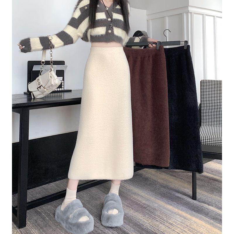 Knit Skirt Winter Thick Sweet High Waist Straight Midi Slit Bodycon Pencil Skirt