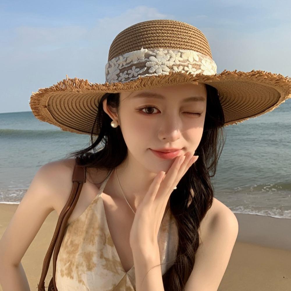 Adjustable Wide Brim Sun Hat Breathable Sunshade Cap Vacation Lace Bowknot Straw Hat  Girls