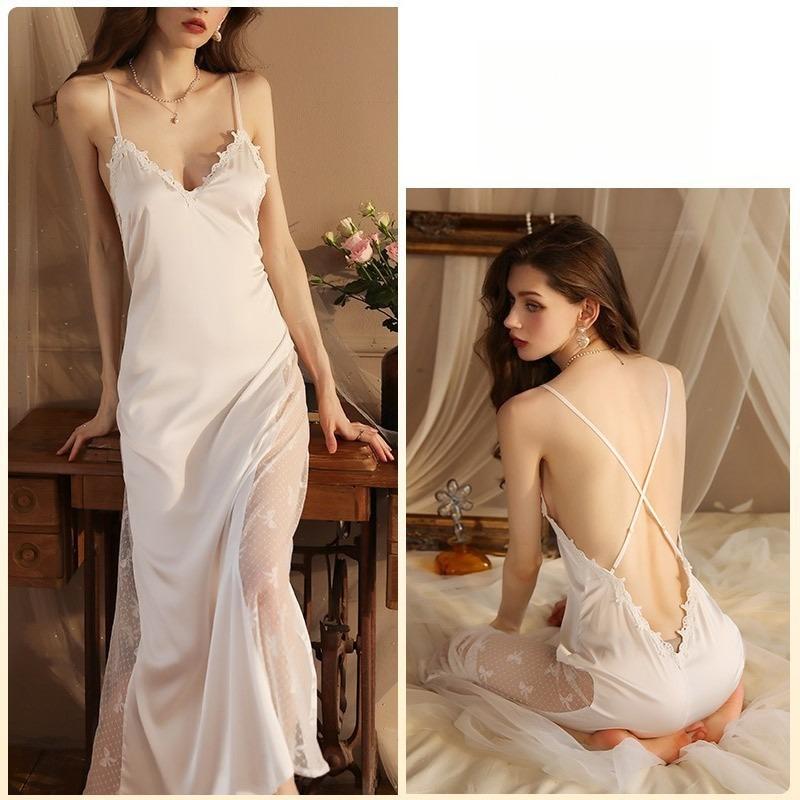Fairy Style Elegant Lace Nightgown Deep V Built-in Bra Backless Crisscross Lace-Up Loungewear 420 Dreamy Supportive Sleepwear for Romantic Evenings