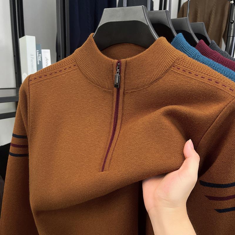 Winter Thickened Zipper Knitted Sweater Semi-Turtleneck Men'S Casual Business Bottom Sweater