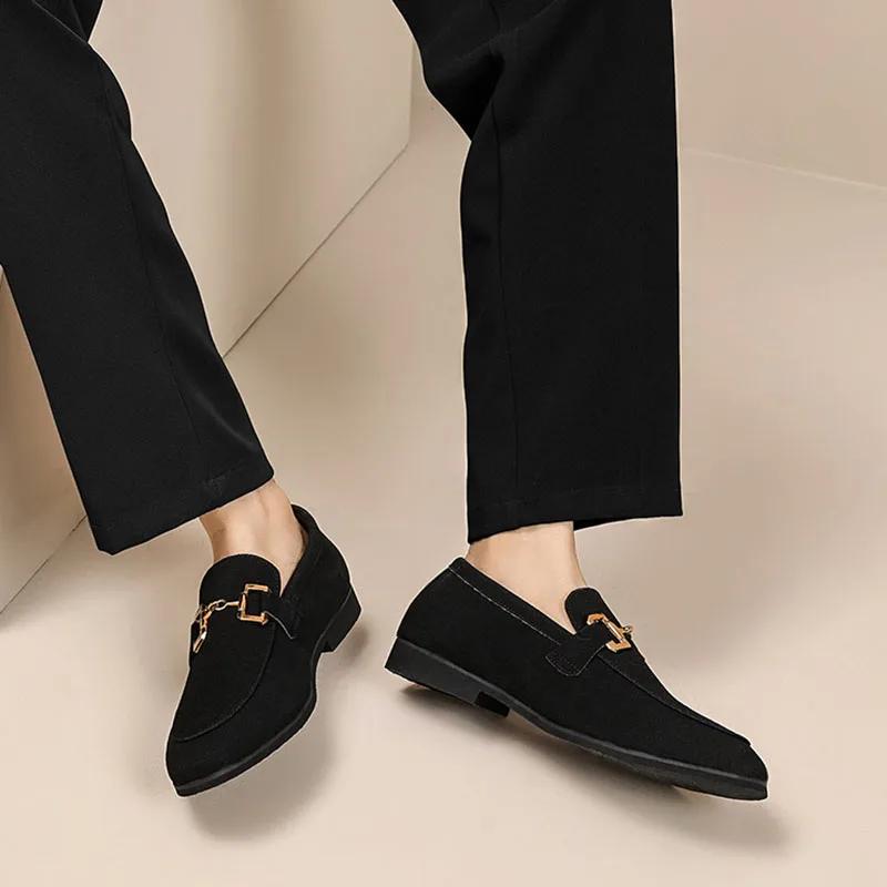 Britain Fashion Retro Men Pointed Black Flats Suede Leather Shoes Man Casual Loafers Formal Dress Footwear Shoes for Men