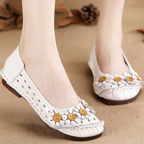Vintage Flower Moccasins Woman Genuine Leather Ballet Flats Ladies Hollow Slip Women's Luxury Loafer Purple Walking Shoes 42