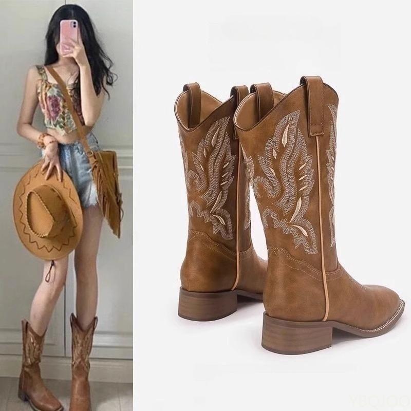 Fashion Versatile Retro Spring Summer Coarse Heel Embroidered Mid Barrel Square Head Boots Large Size Simple Comfortable Versatile Boots