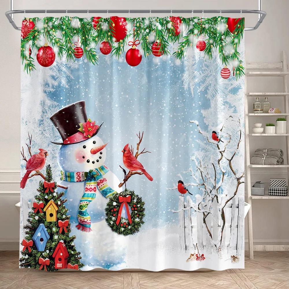 Red Christmas Shower Curtain Set Funny Santa Claus Gift Green Pine Branches Xmas Balls Home Bathroom Decor Bath Mat Toilet Cover