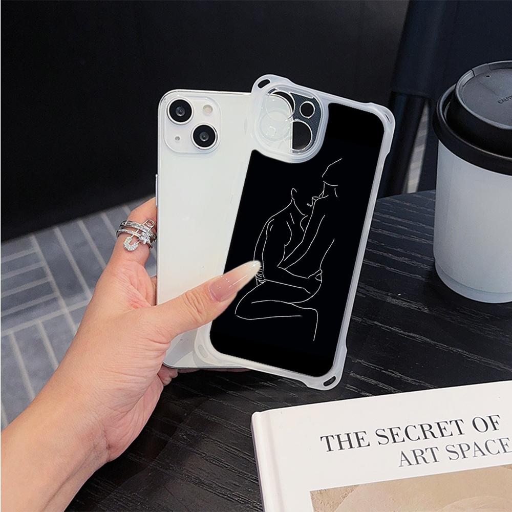 Ae79 Femme Framed Black Art Soft Phone Cases for iPhone 16 15 14 13 12 11 Pro Max 7 8 Plus XR XS with Wrist Strap Lanyard Corner Protection Back Cover