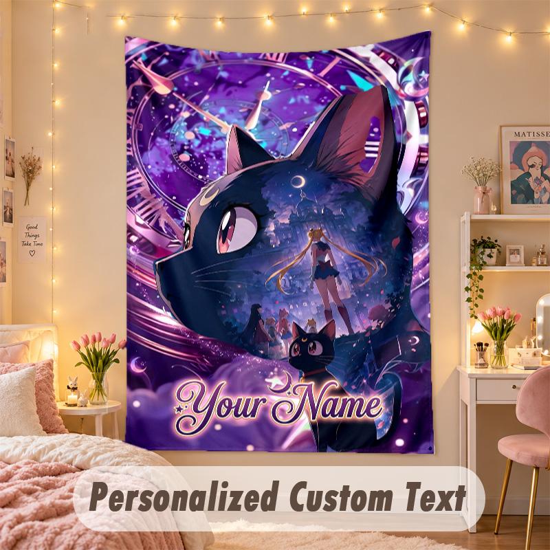 Custom Personalized Tapestry,Sailor Moon Print Custom Name Text Wall Art Hanging for Bedroom