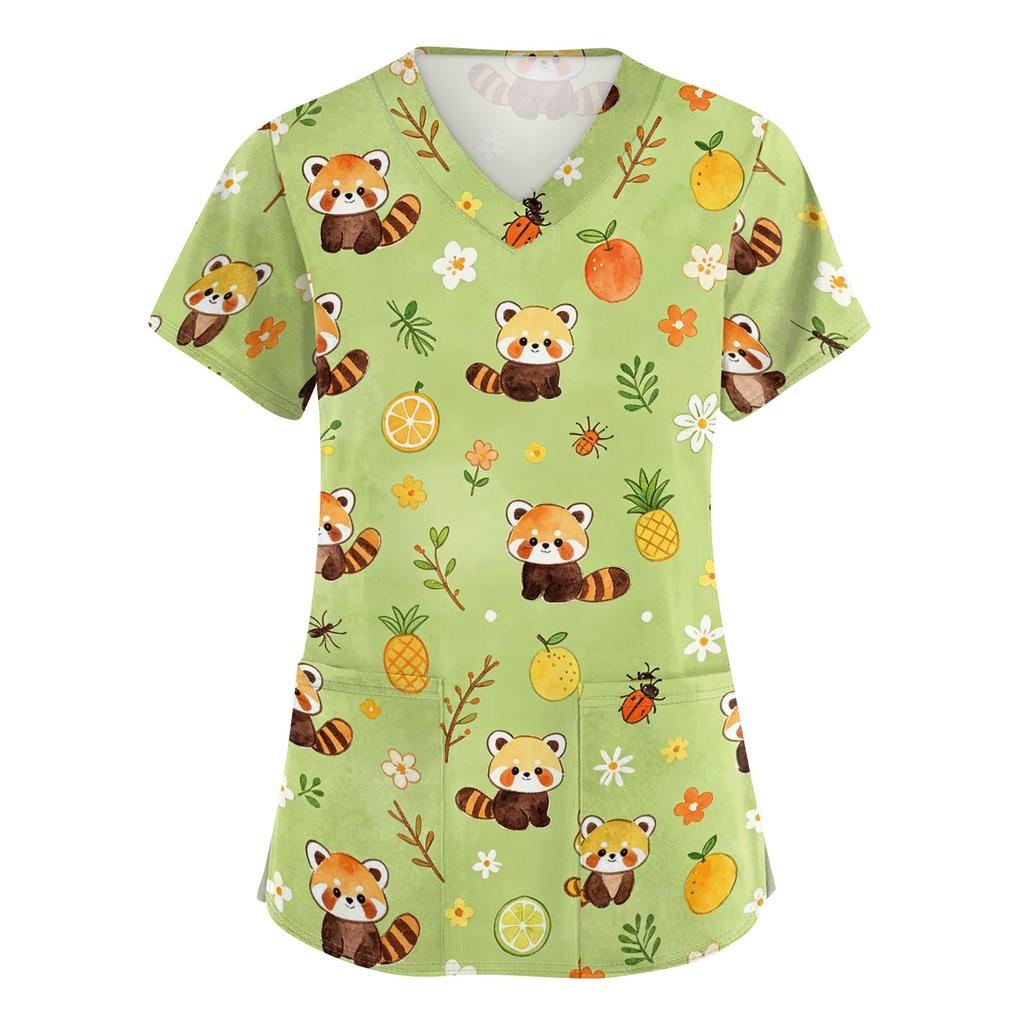Women's V Neck Short Sleeve Work Top with Pockets Animal Print Medical Scrub Shirt for Healthcare Professionals Nursing Uniform