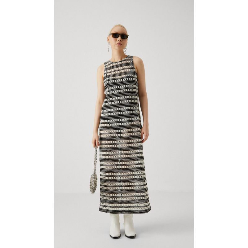 

Export Pure Original Obje **Sleeveless Beige Pattern Long See-through Vest Dress Bohemia Style Holiday Dress Women Apricot/Black Rice Dress S