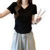 Korean Style Slimming Summer V-Neck Ruched Waist Short Sleeve T-Shirt for Women