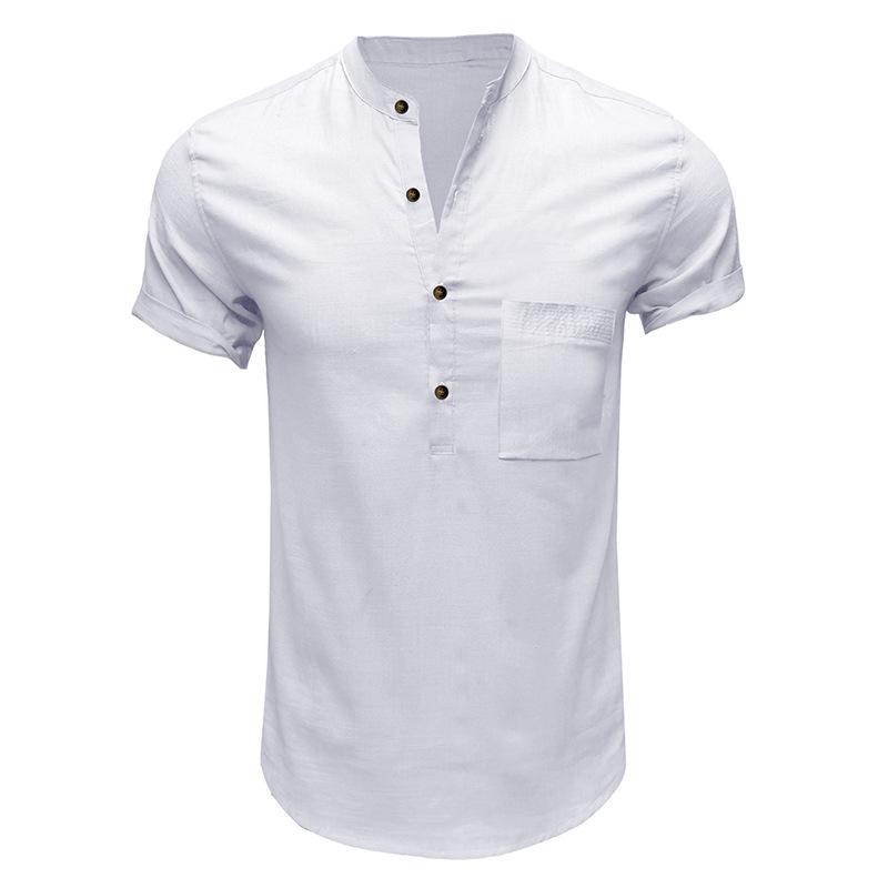 Men's Solid Color Cotton Linen Henley Pocket Shirt, Short-Sleeved