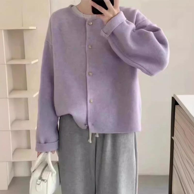 Autumn and winter new round neck solid color knitted cardigan loose lazy soft waxy sweater women's coat tide