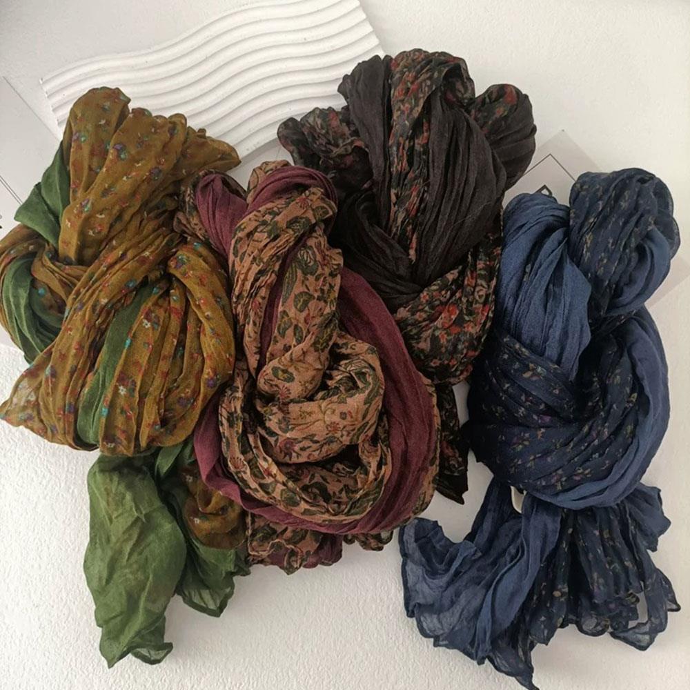 Winter Outdoor Cotton Linen Scarf Small Floral Print Long Strip Thin Soft Headscarf Multifunction Pleated Vintage Warm Shawl