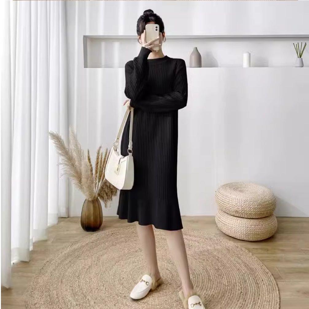 Französisches Chic Fischschwanz Pelzkleid: Herbst/Winter Gemütliches Strickkleid in mittlerer Länge