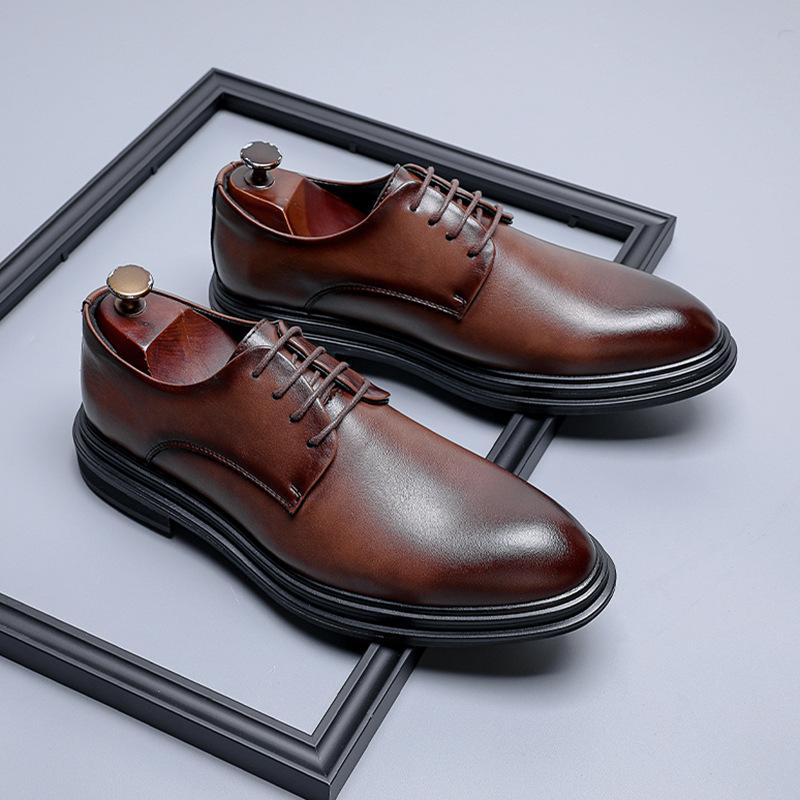 

Leather shoes men s wedding groom spring and summer breathable men s formal wear business British inner height increase casual derby shoes 1396-W 44 світло-коричневого кольору