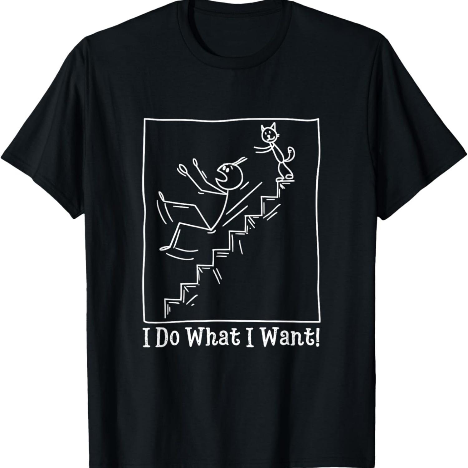Funny Cat Meme I do What I Want Cat Pushes Man Stick Figure T-Shirt S чёрный