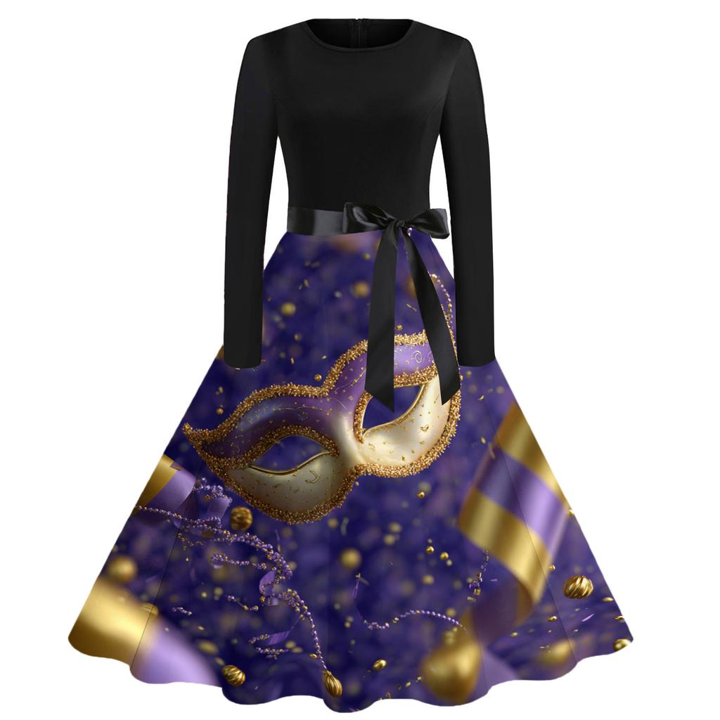 Damen Casual Mode Rundhals Karneval Bedrucktes Vintage Kleid