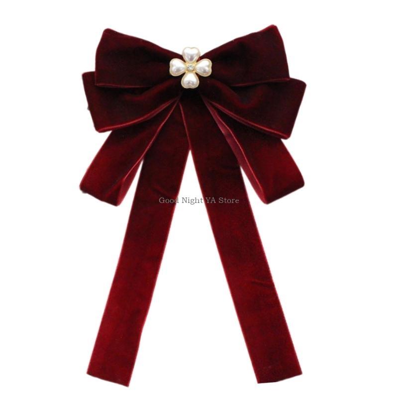 Luxurious Velvets Bows Tie For Women Sparkling Crystal Pearls Pre Tied Bows Clip