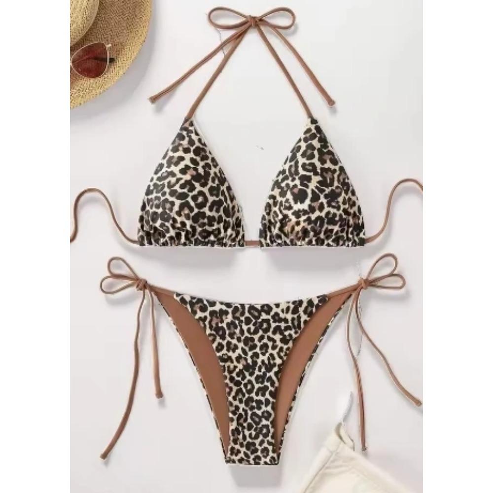 2025 Sexig Leopardmönstrad Tvådelad Baddräktsset Triangelbehå Baddräkt med Hängslen och Halterrygg Utan Rygg Bikini Set Strandsemester Snörning Badkläder