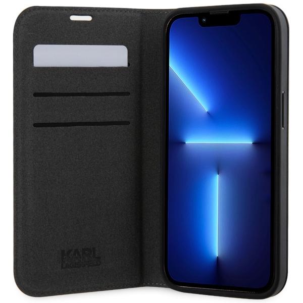 Etui z klapką do iPhone 14 Pro Karl Lagerfeld Saffiano Monogram Srebrny
