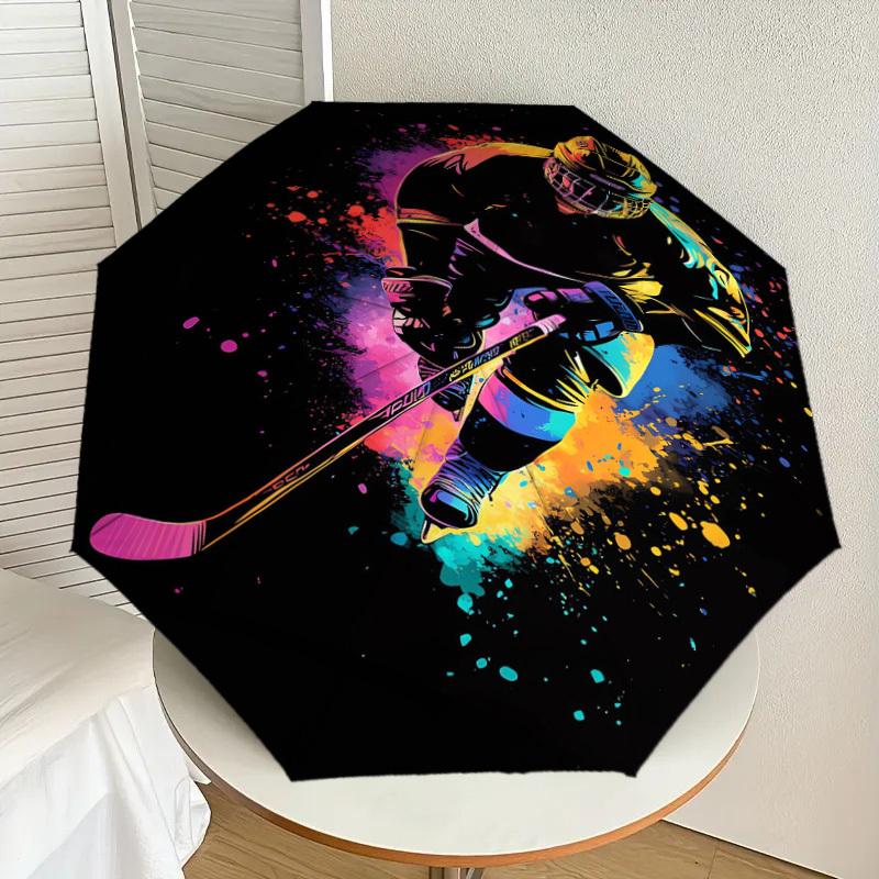 1PZ Ombrello Pieghevole Automatico Piccolo da Viaggio con Motivo Giocatore di Hockey, Ombrello Compatto Antivento, Apertura/Chiusura Automatica, Regalo-091575