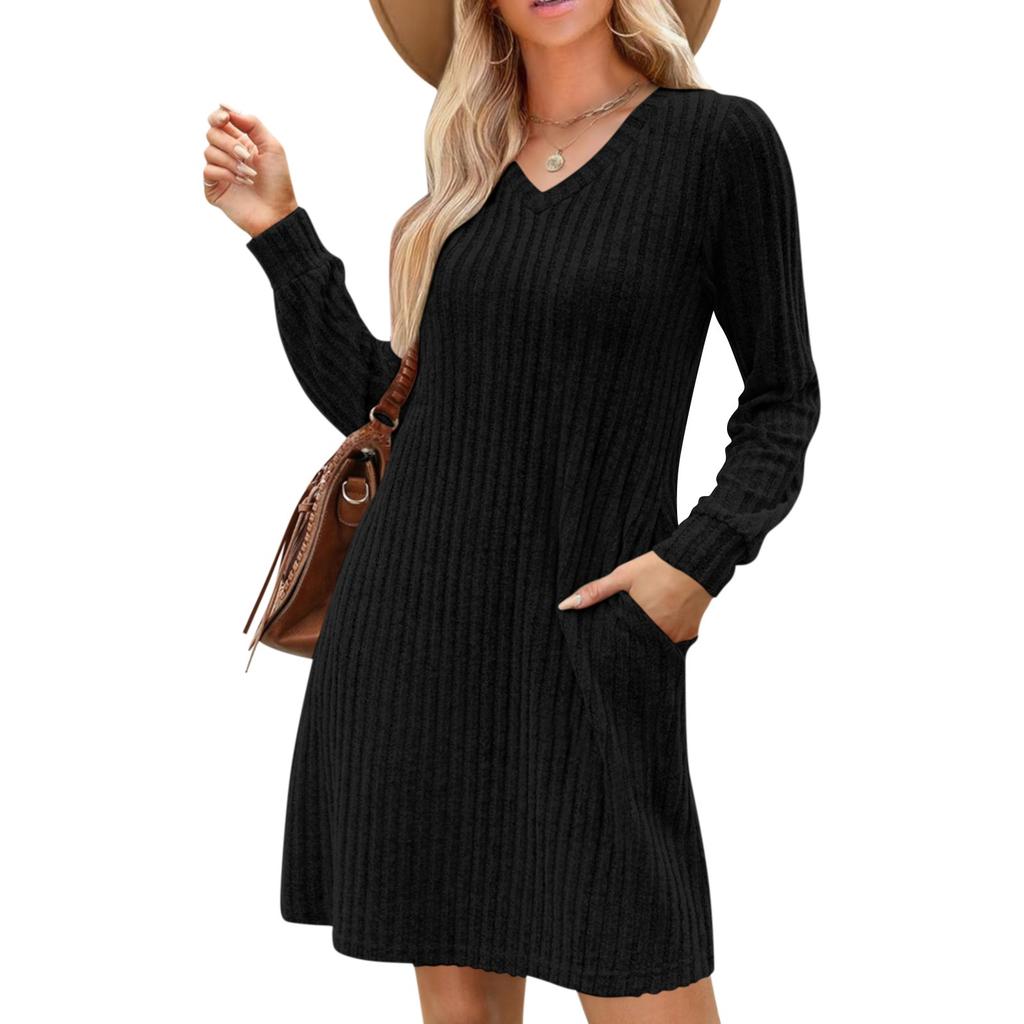 Womens V Neck Fall Dresses Long Sleeve Casual Sweater Short Dress Fashion Clothes